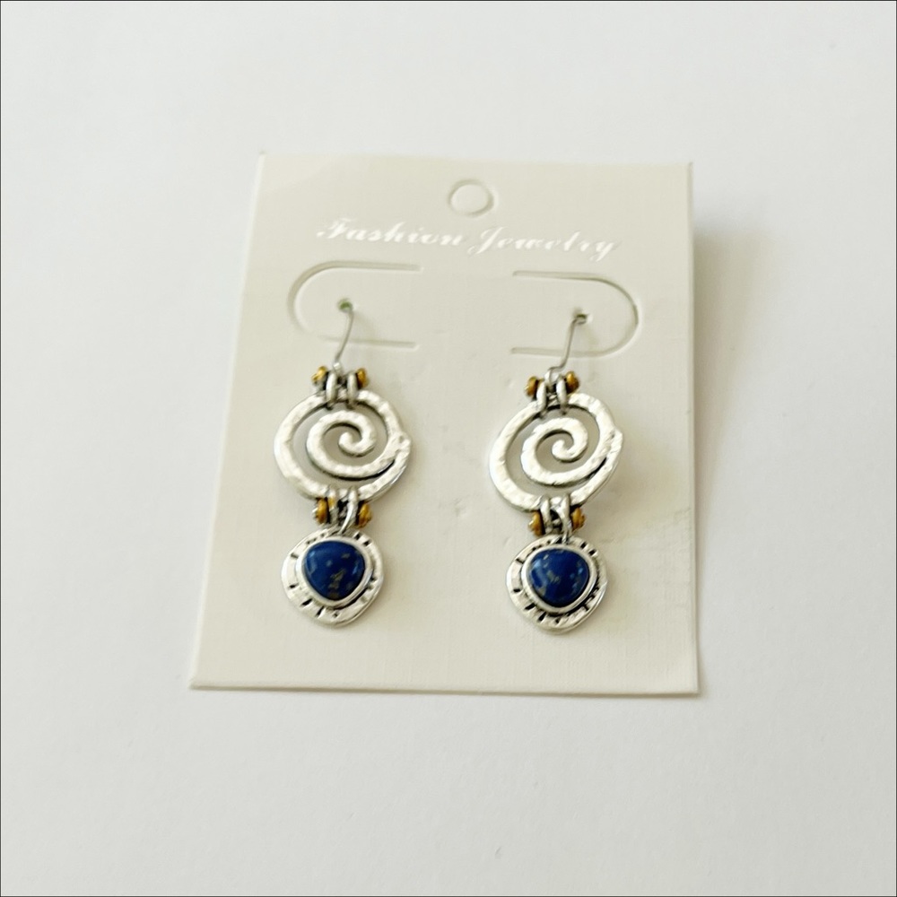 Natural Blue Lapis Lazuli Boho Ethnic Antique Silver Dangling Earrings - NWT - Picture 9 of 12